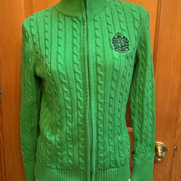 Ralph Lauren cable knit full zip lime green and navy blue sweater Medium - Picture 6 of 17